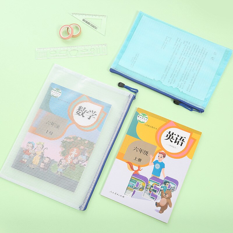 5Pcs Transparent A4 Size Mesh Zipper Plastic Folder ,Desk Paper Pencil Document Organizer Storage Bag Waterproof Stationery
