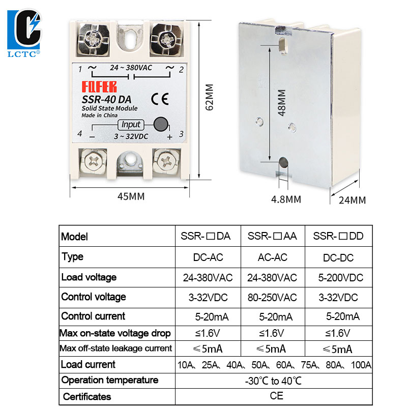 LCTC 1 stks Solid State Relais Eenfase Contactloze SSR DC Naar DC AC Naar AC DC Naar AC 24-380VAC 10A 25A 40A 50A 60A 80A 100A