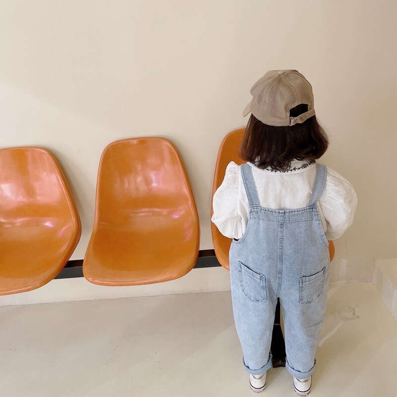 Salopette en jean ample avec imprimé cœur noir pour filles, salopette décontractée à bretelles, douce et assortie, pour enfants de 1 à 6 ans, printemps automne