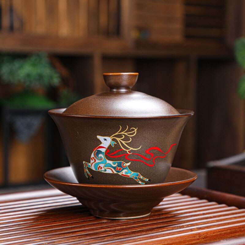 Retro Ceramic Gaiwan Wood-fired Ancient Pottery Tea Bowl Pipa Deer Pattern Tea Cup Kungfu Teaware Kitchen Drinking Tool 190ml: 6