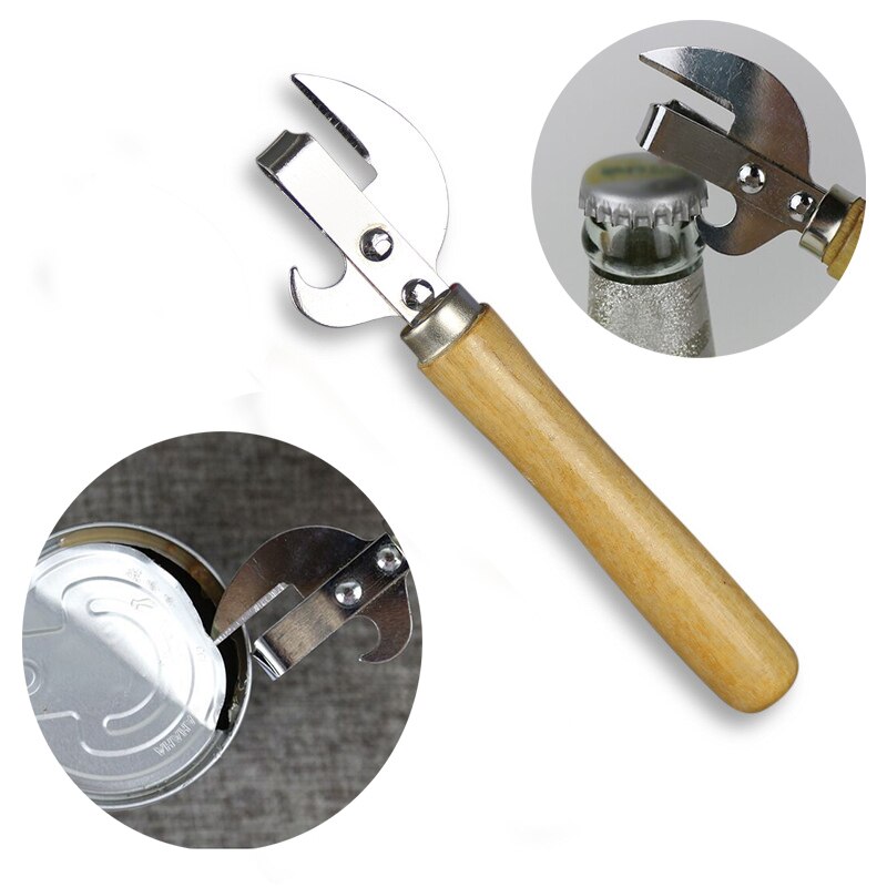 Abrelatas Manual con mango de madera, abridor de botellas de acero inoxidable, abridor de botellas de cerveza, removedor de tapa Manual, utensilio de cocina, 1 ud.