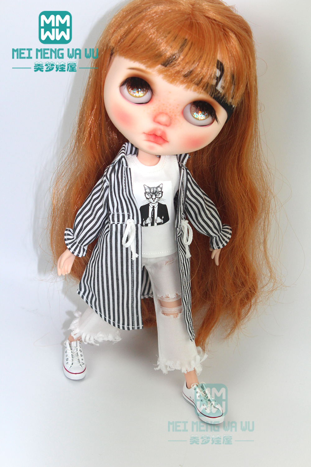 1 stücke Blyth Puppe Kleidung Hemd, zerrissene Jeans, stirnband, socken für 28-30cm Blyth Azon OB22 OB24 puppe zubehör