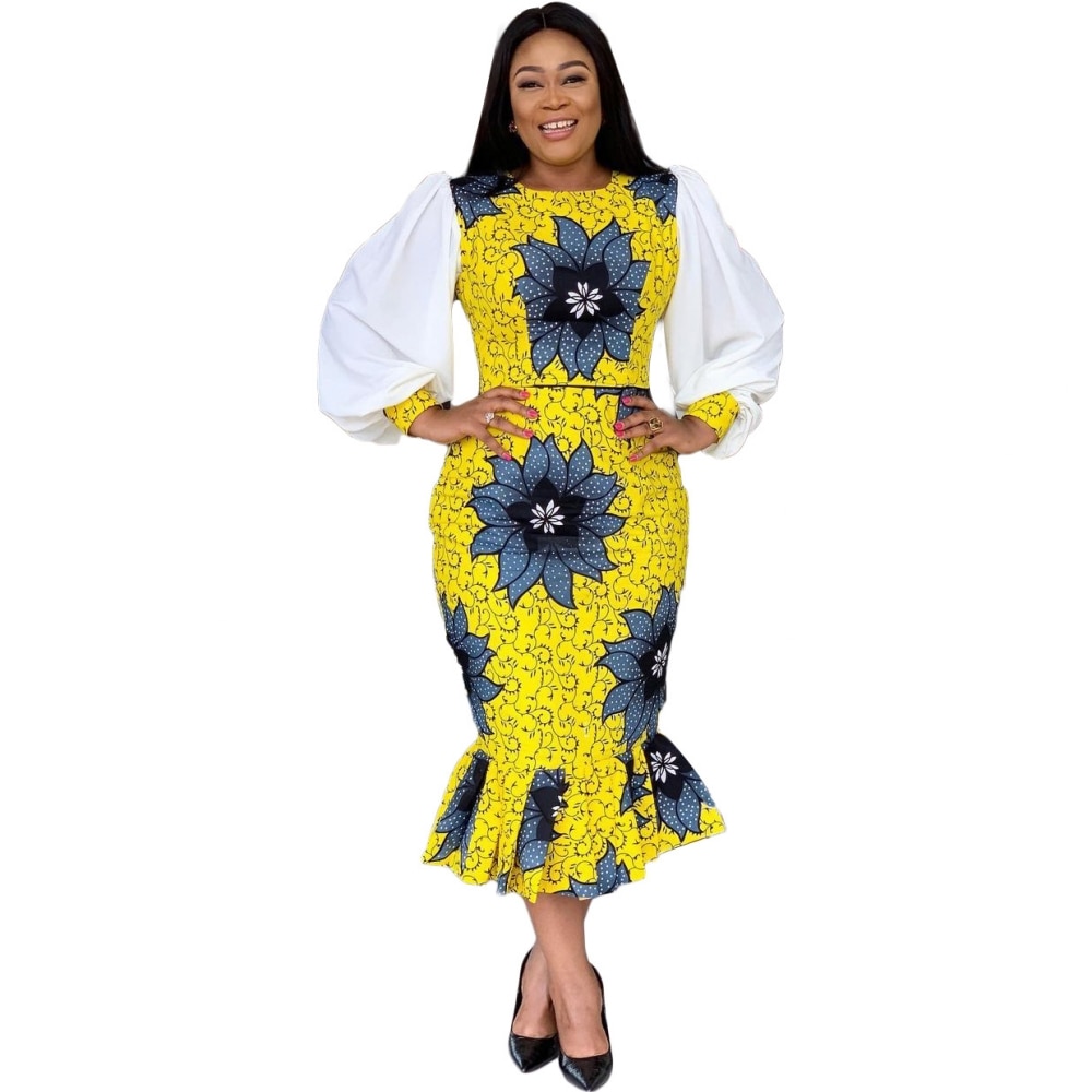 3XL Plus Size Africa Clothing Dashiki Flowers Print Long Sleeve Midi Dress Women Autumn Robe Long Party African Office Dress: L