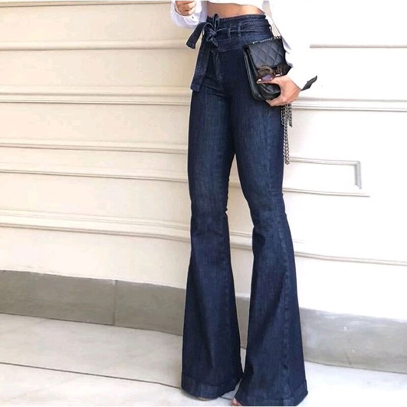 Jean à lacets pour femme, pantalon en denim , taille haute, coupe pleine longueur, automne