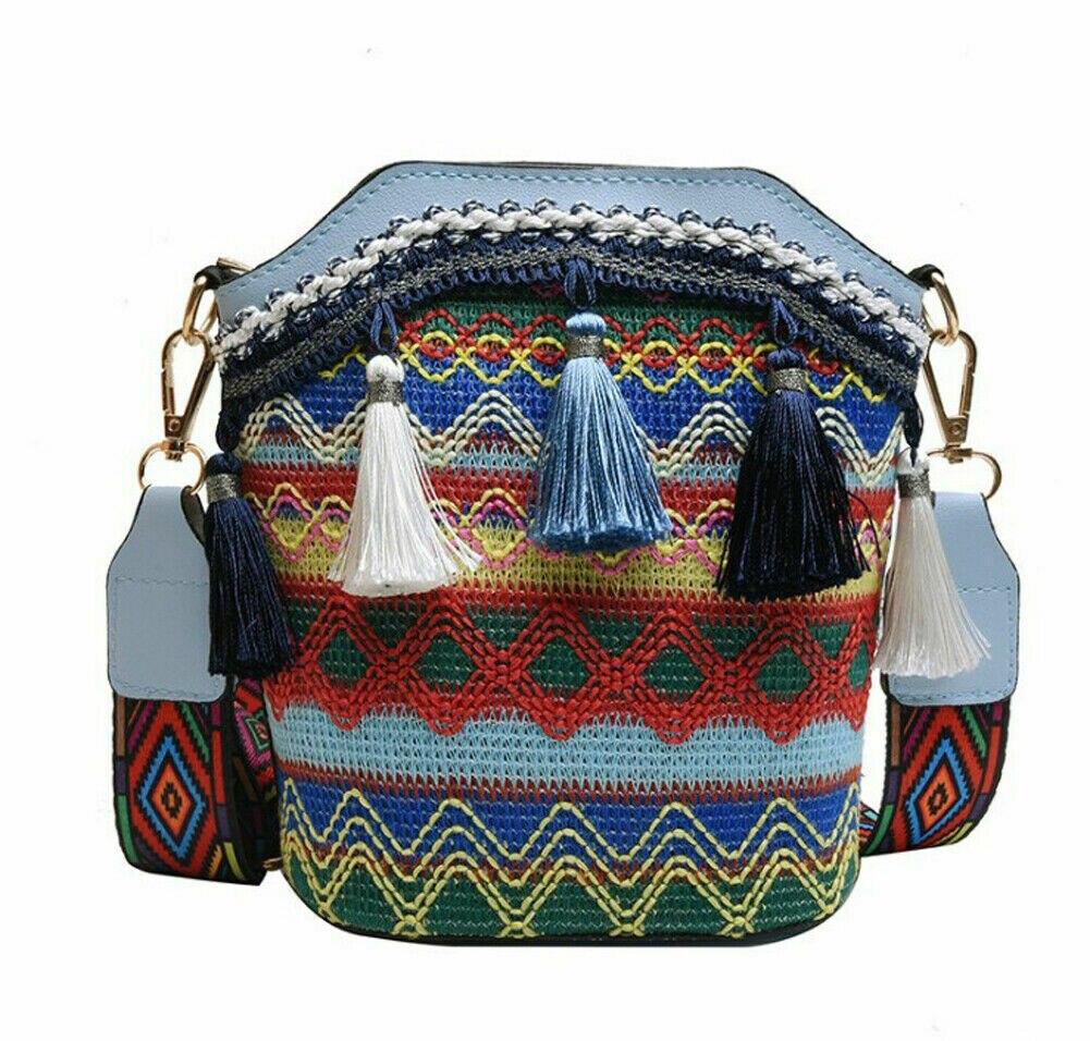 2020 nova moda feminina senhora saco de palha do vintage satchel handwoven crossbody mensageiro viagem praia bolsa de ombro: Azul