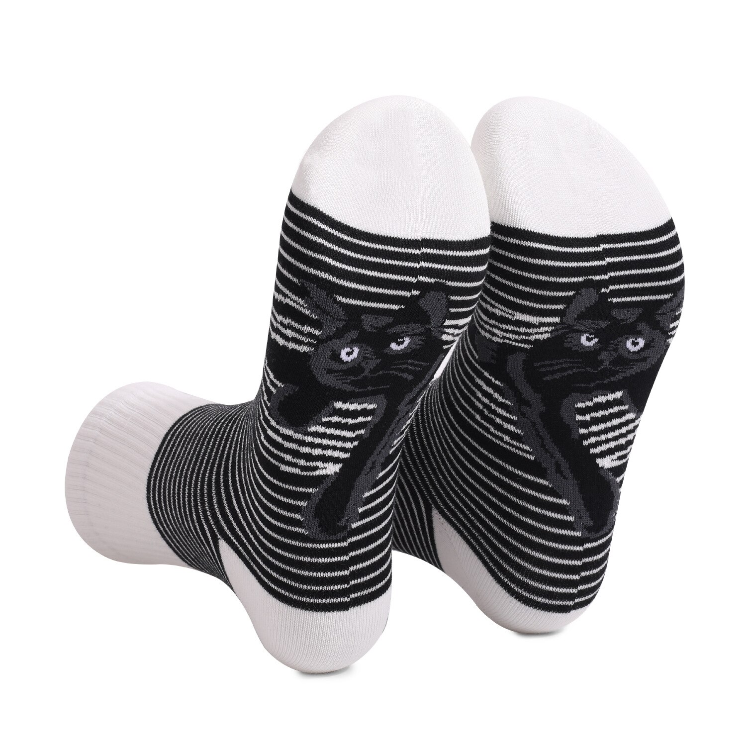 Calcetines de algodón transpirables con estampado de gato para hombre y mujer, medias de tubo para correr, deportes, rayas, blanco y negro, novedad de