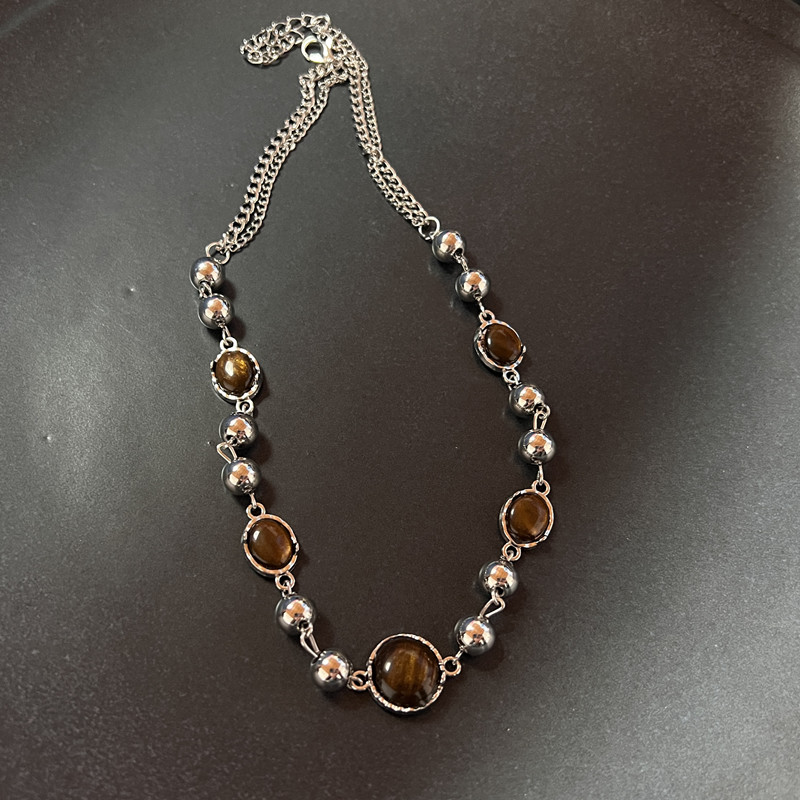 Vintage lederen bruine stenen hanger ketting stapelen choker temperament sleutelbeen ketting voor vrouwen meisje herfst winter ketting: Rood-Bruin
