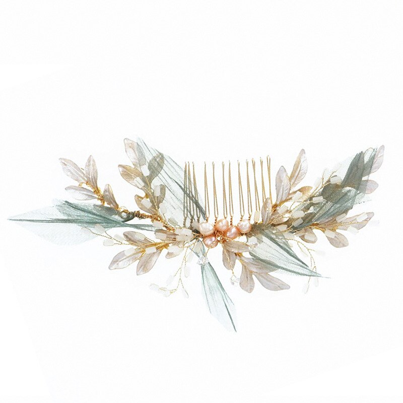 metal Leaves Pearl Mori crepe Hair combs women girls party Headwear bride headpiece