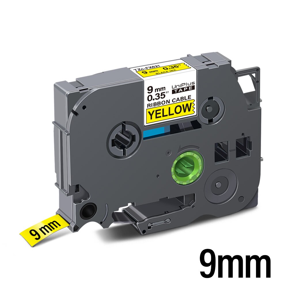 6/9/12/18/24/36mm Flexible Ribbon Label Tape Industrial Tape Replace Brother FX231 FX631 FX221 FX241 FX621 for PT H110 Labeller: Black on Yellow-9mm