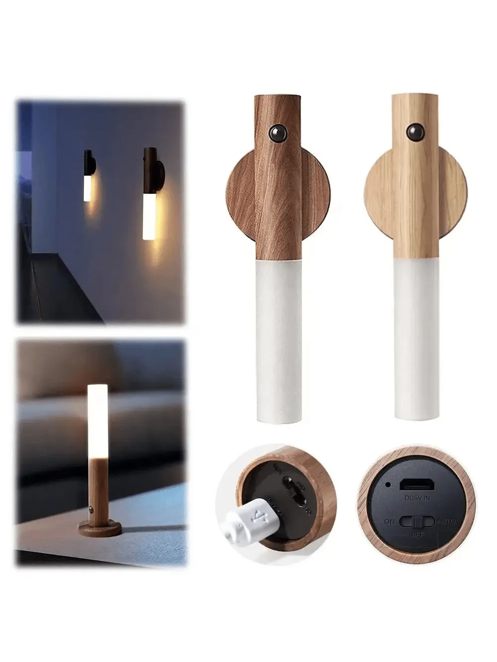Bevegelsessensor ledet-nattlys oppladbare vegglamper magnetiske vegglamper trevegglampe til soverom trappebordskap