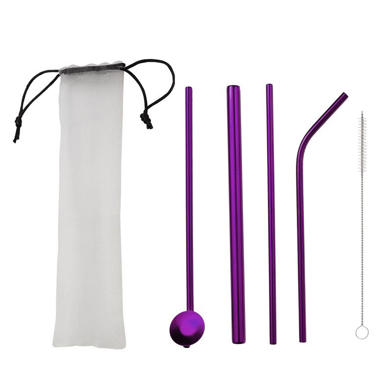 5pcs Reusable Metal Drinking Straws 304 Stainless Steel Sturdy Bent Straight Drinks Straw for Milkshake Bubble Tea with Brush: Purple