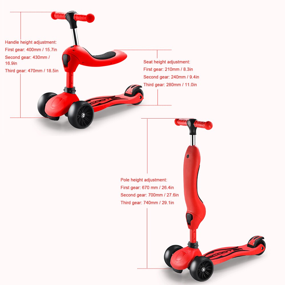 Children's Scooter Sitting And Standing Sliding 2 In 1 With 4 Wheel Sitting 1-8 Years Old Scooter Baby Foldable Colorful Scooter: red