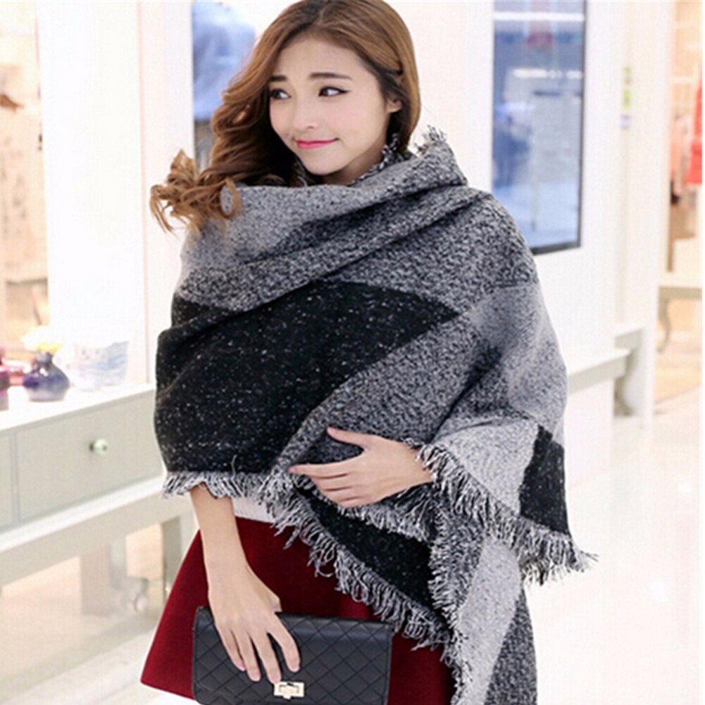 Winter Warm Large Scarves Women's Thick Long Cashmere Winter Wool Blend Soft Plaid Scarf Shawl Wrap Plaid Scarf