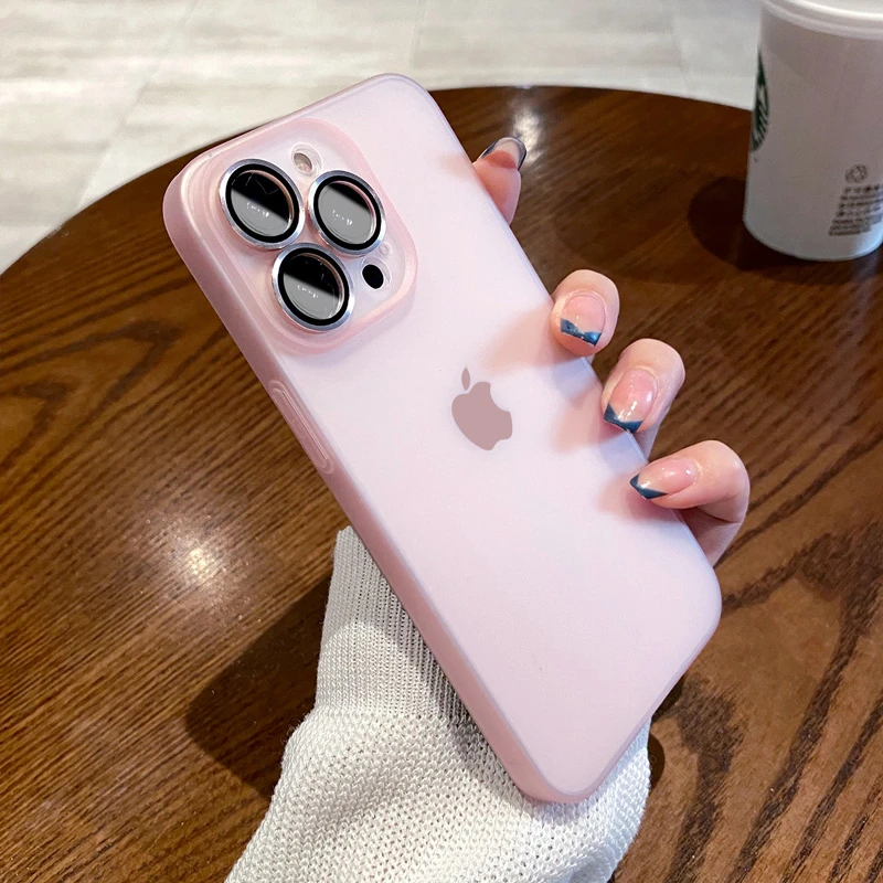 Funda translúcida mate ultrafina para iPhone 15 14 13 12 11 Pro Max, Protector de cámara de vidrio de Metal, anillo duro: ABS / Castaño