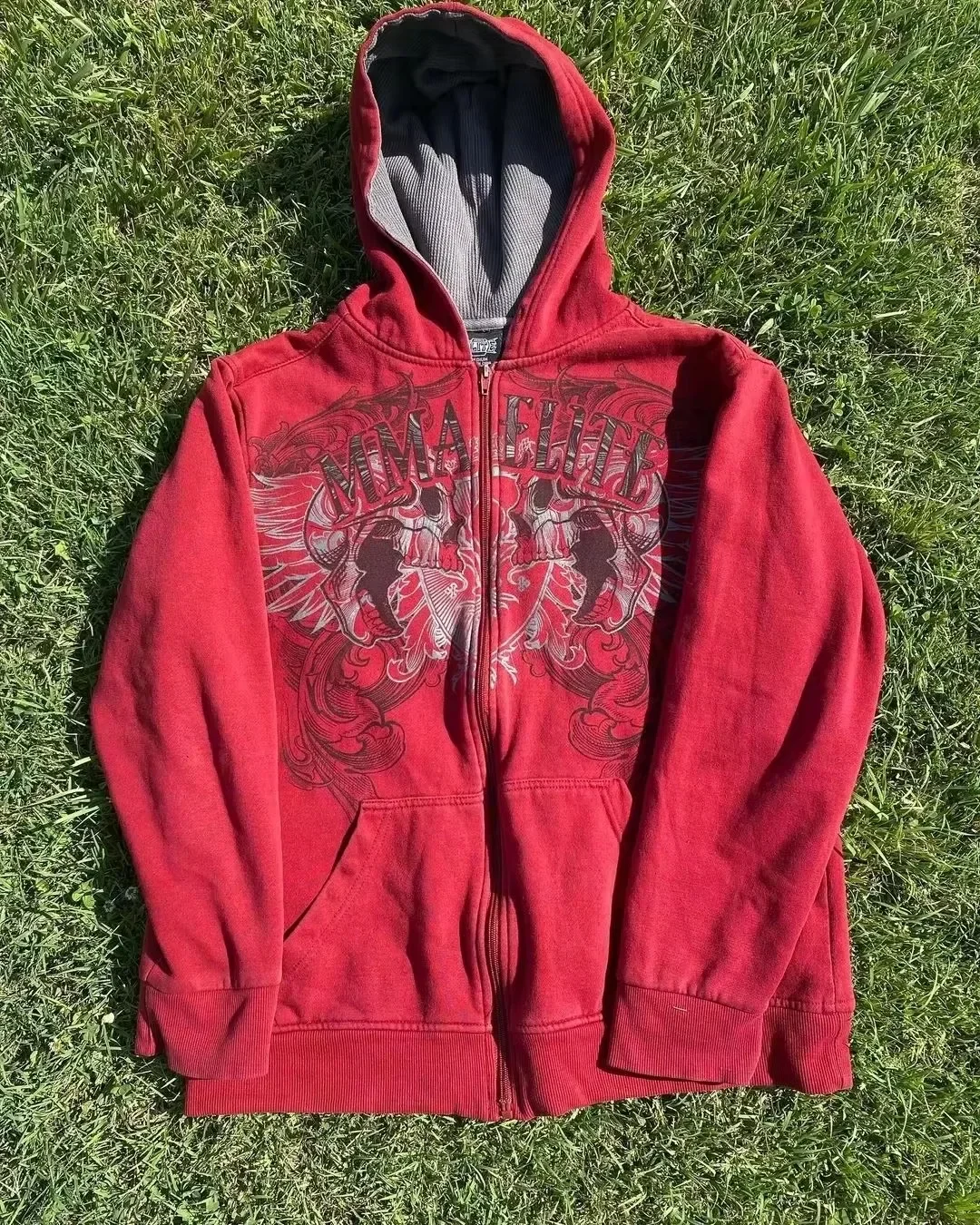 Red Hip Hop Zipper Hoodies Vintage Elite Full Zip Hoodie Sweatshirt Size Skull Printing Red Sweatshirts