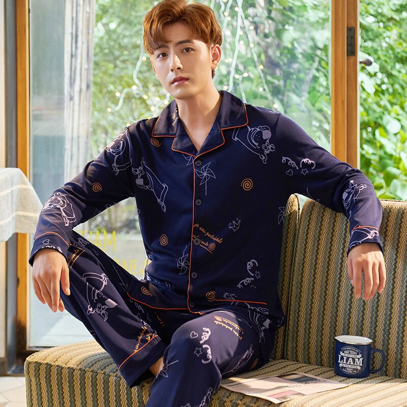 Automne Pyjama hommes ensemble coton printemps Pijama hommes à manches longues solide Pyjama homme Cardigan col rabattu Pyjama mâle L XL XXL XXXL