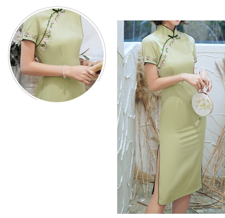 Yksivärinen itämainen tyyli mekot joustava kangas kirjonta päivittäin cheongsam qipao mekko