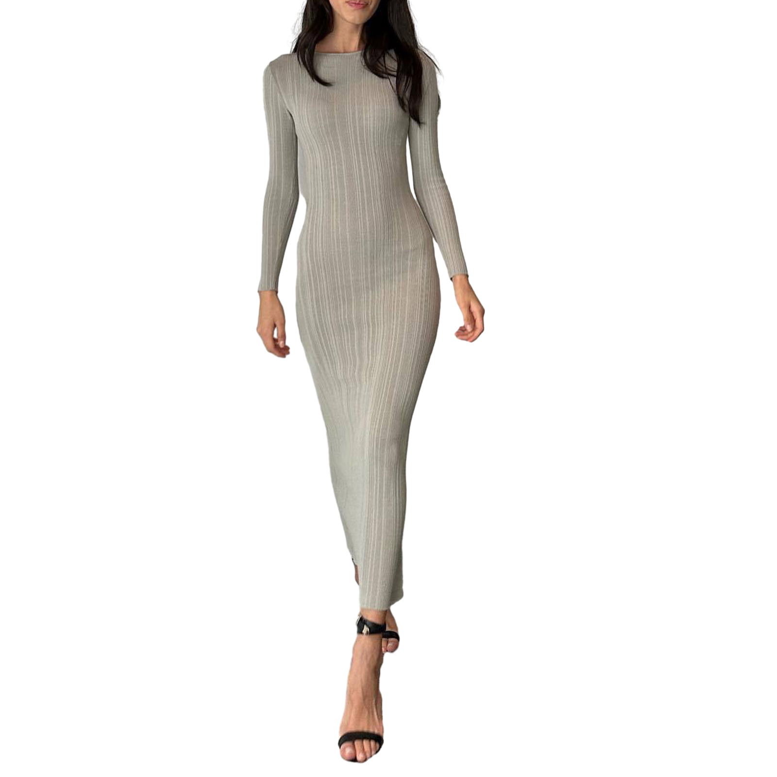 Vestido de punto ajustado de Color sólido para primavera y otoño para mujer, vestido acanalado de manga larga con cuello redondo, vestido largo ajustado: L / Gris