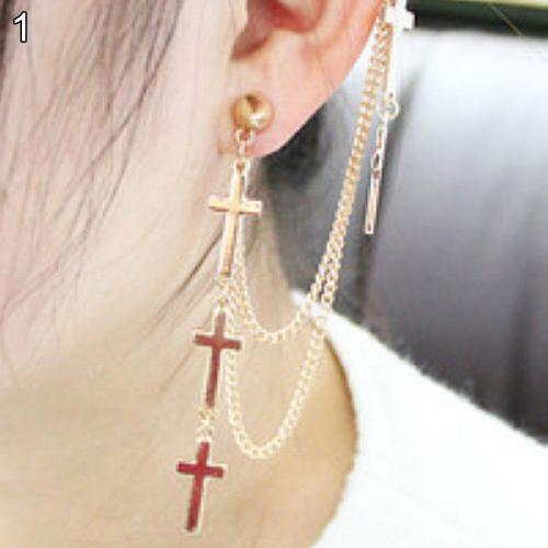 1 Pcs Mode Kruis Kwastje Kettingen Oor Manchet Oorbellen Voor Vrouwen Meisjes Gothic Punk Stijl Cross Hanger Clip Oorbel Trendy sieraden: Golden