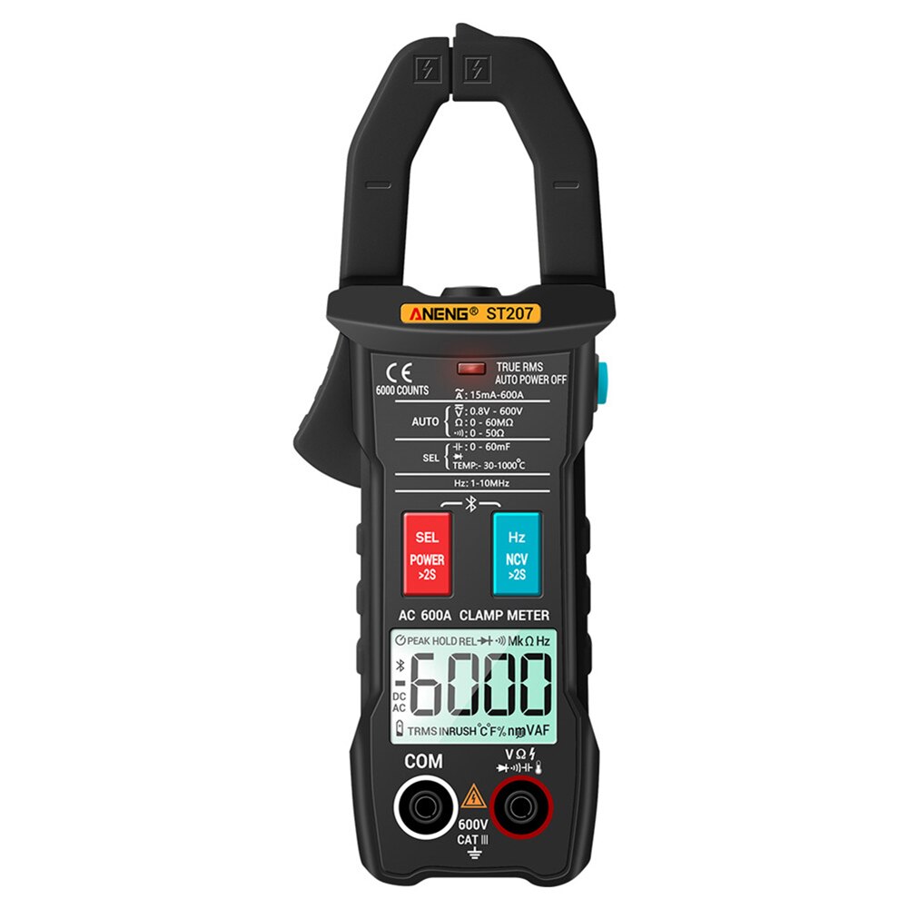 APP Digital Clamp Meter Multimeter Auto Ranging Data Hold Strong Toughness Electric Portable Bluetooth Amp Meter: Black