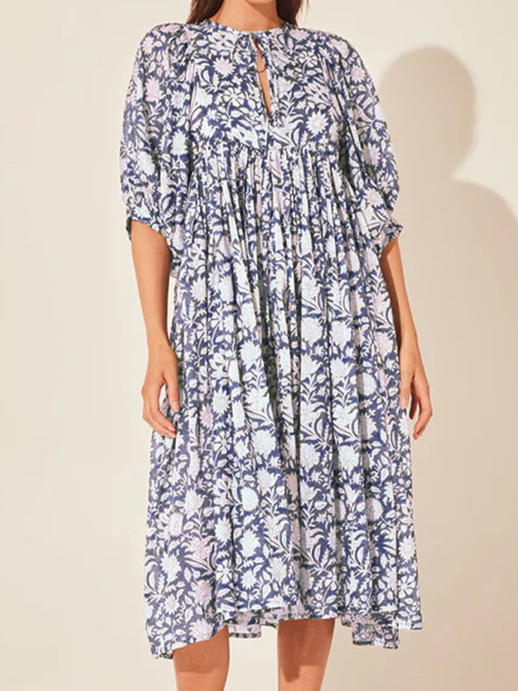 Oversized Casual Loose Dresses Women Summer Floral Printed Long Dresses Lantern Sleeve Boho Beach Dress: XL / PURPLE
