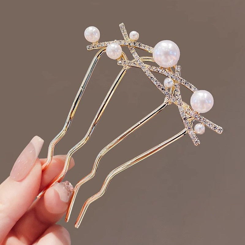 Peinetas para el cabello onduladas con flores y perlas para mujer, horquilla estilo bosque en forma de U, broche para el cabello con cabeza de moño de Metal de alta gama: Oro