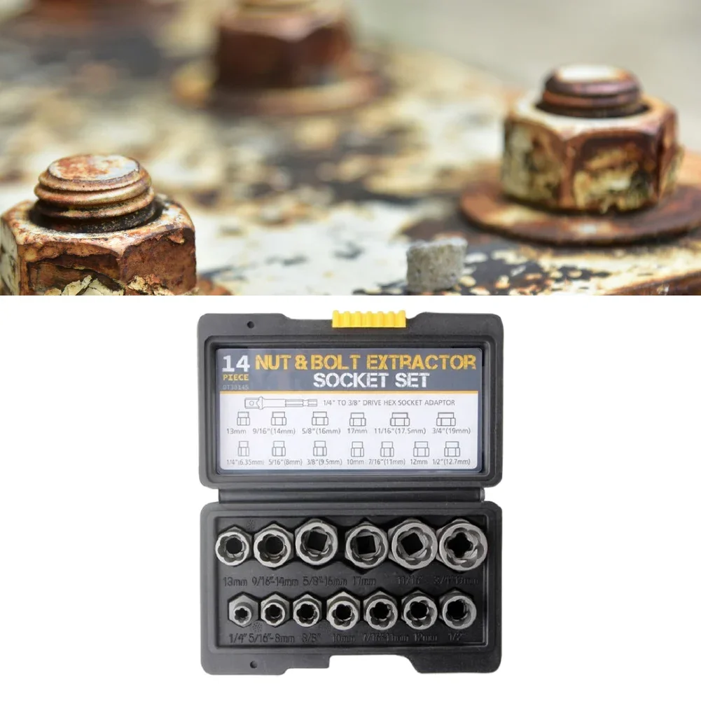 14 Pieces Damaged Bolt Removal Tool Impact Bolt & Nut Remover Set Alloy Damaged Bolt Nut Remover Extractor Socket Tool