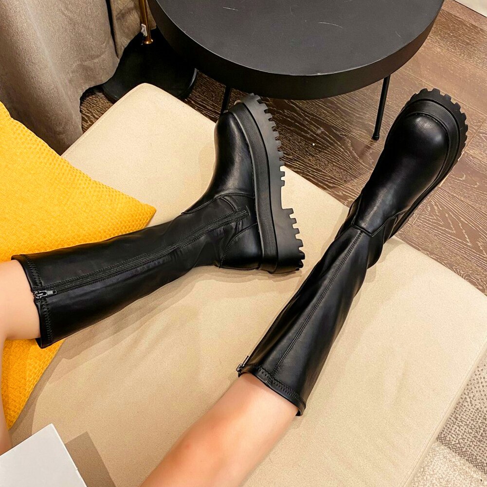 herbst Neue Luxus Mitte-kalb Stiefel Frauen Kühlen Hohe Plattform Stiefel Keile Schuhe Frau: Schwarz lang / 9