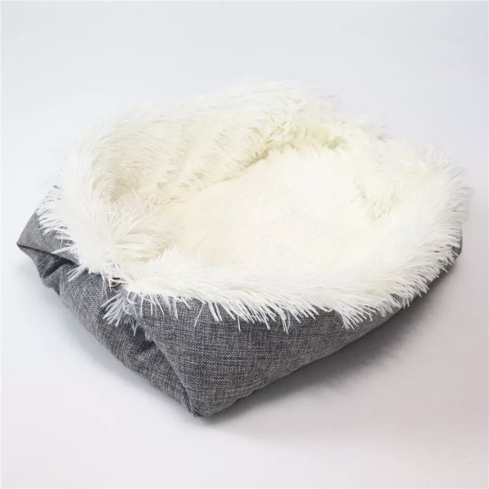 Cama de Gato de doble uso, nido de gato para invierno y verano, lado peludo para invierno, voltear hacia un lado no peludo para verano