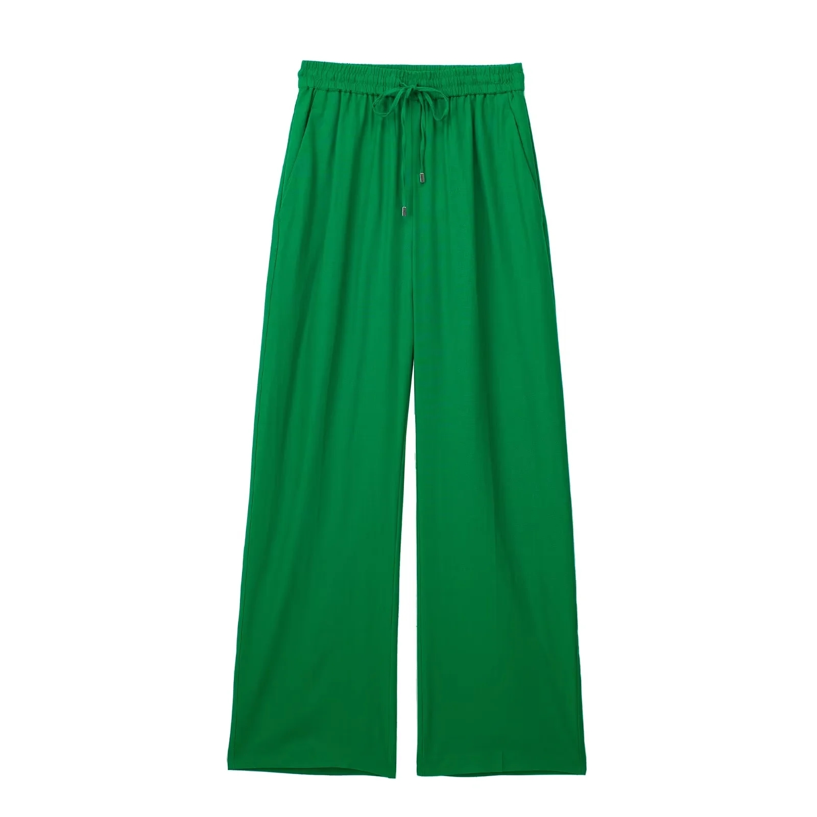 Summer Thin Linen Women Pants Drawstring High Waisted Side Pockets Full Length Straight Pant Female Trousers: XS / green