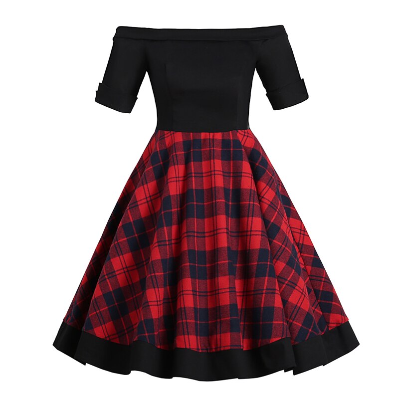 Tonval off shoulder plaid vintage rockabilly festkjole kvinder kortærmet bomuld retro swing kjoler efterår: Xl