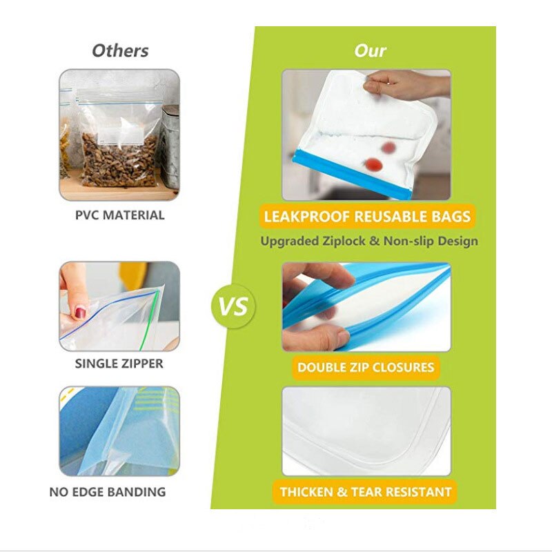 Juego de Bolsas de Silicona para Alimentos, Conjunto de Empaques con Sello, Ideal para Almacenamiento y Conservación Fresca de Frutas y Verduras, Reutilizable, A Prueba de Fugas, Estilo Bolsa Ziploc, 14 Piezas