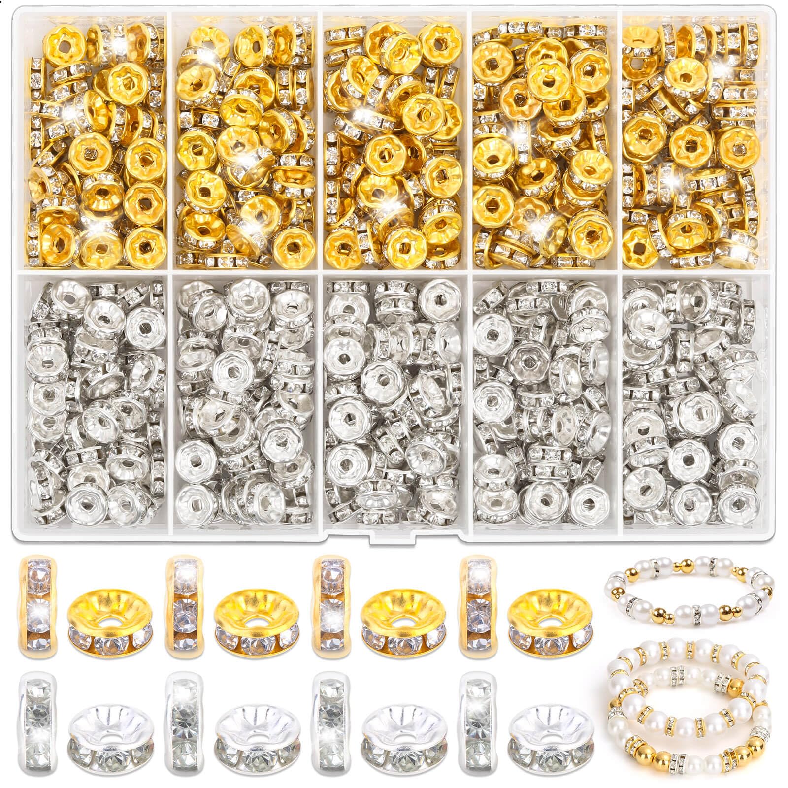 600 Perline Distanziali Con Strass – 10 Colori – 8 Mm – Per Creazione Gioielli Fai Da Te – Rondelle In Cristallo E Metallo