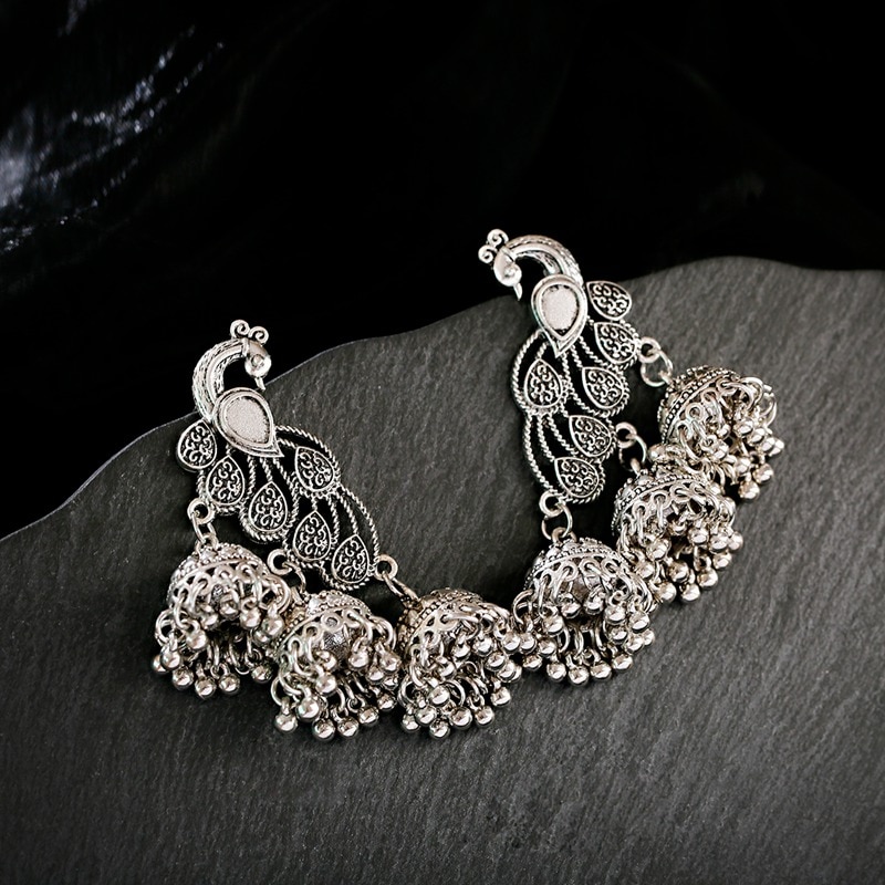 Retro Bollywood Geoxideerd Gypsy Sieraden Vrouwen Etnische Gold Afghaanse Birdcage Lange Keten Kwastje Pauw Gesneden Jhumka Indiase Oorbellen