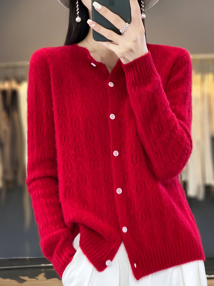 Casaco oco de malha feminino, Cardigans 100% lã merino, suéter confortável, tops de lazer, roupas básicas, outono, inverno, 2022: S / Vermelho