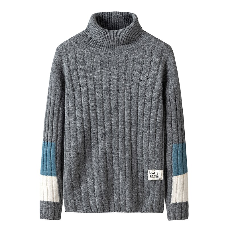 Huncher Heren Coltrui Mannen Slim Fit Herfst Winter Hoge Kraag Trui Koreaanse Patchwork Coltruien Zwarte Truien Voor Mannen