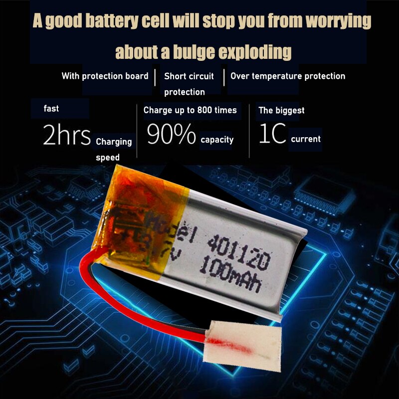 401120 Li-ion Polymer Battery 3.7v 100mah Rechargeable Batteries CE FCC ROHS Certification Safe Power Supply