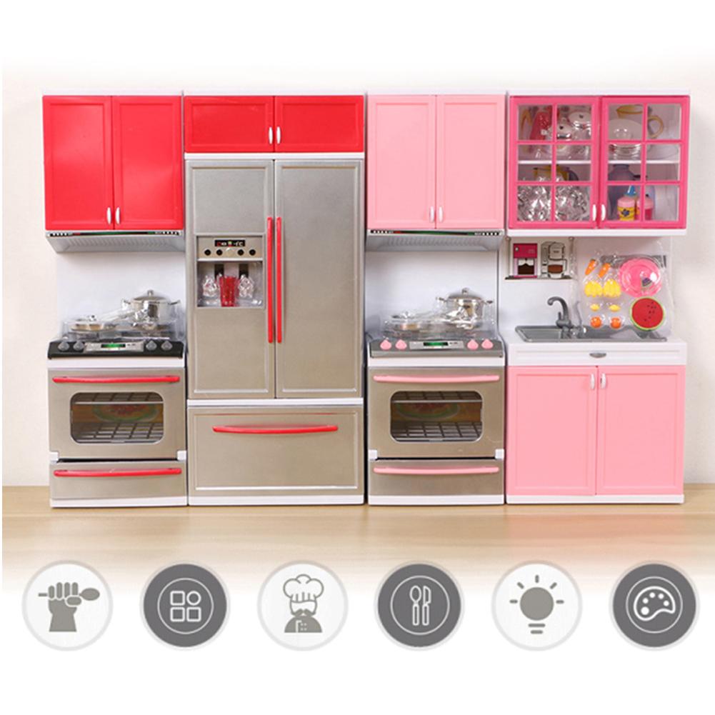 2 Pc/Set Kids Mini Doll House Furniture Toy Stove Fridge Kids Pretend Play Cooking Educational Toy Kid's with LED Music