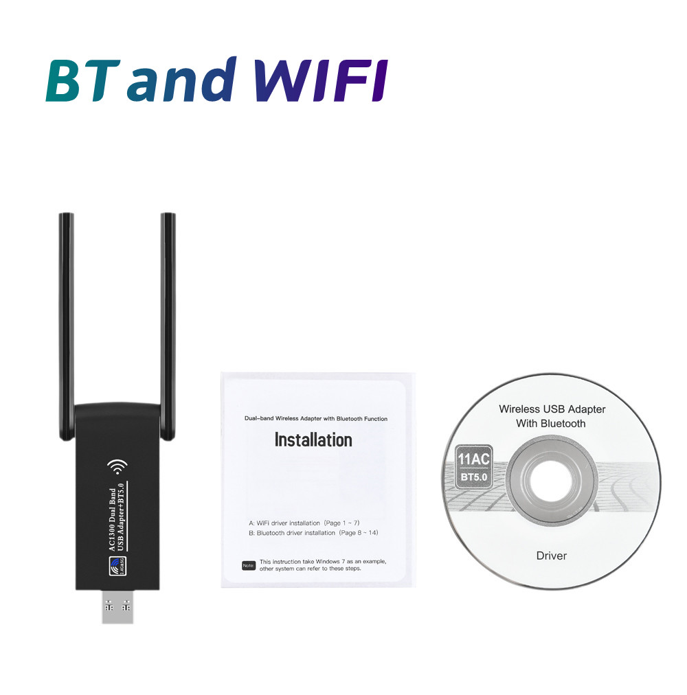 3.0 USB WIFI 1300mbps Bluetooth Dual Band Wireless Network Card AC1300 with Antenna For Laptop PC Mini Dongle: WHITE