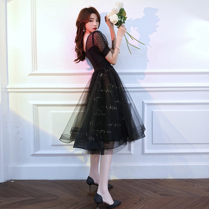 Black Retract Waist Formal Party Dress Sexy Lace Tulle Banquet Gown Square Neck Birthday Ball Gown Dress Robe De Soiree