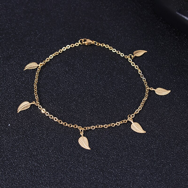 Rvs Bladgoud Kralen Barefoot Sandalen Enkelband Bohemian Tassel Link Chain Heart Voet Been Armband Voor Vrouwen