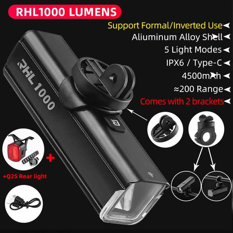 ROCKBROS Bicycle Light 1000LMType-C Charging Waterproof Bike Light Front Lamp Rechargeable Cycling Headlight Aluminum Flashlight: Yellow