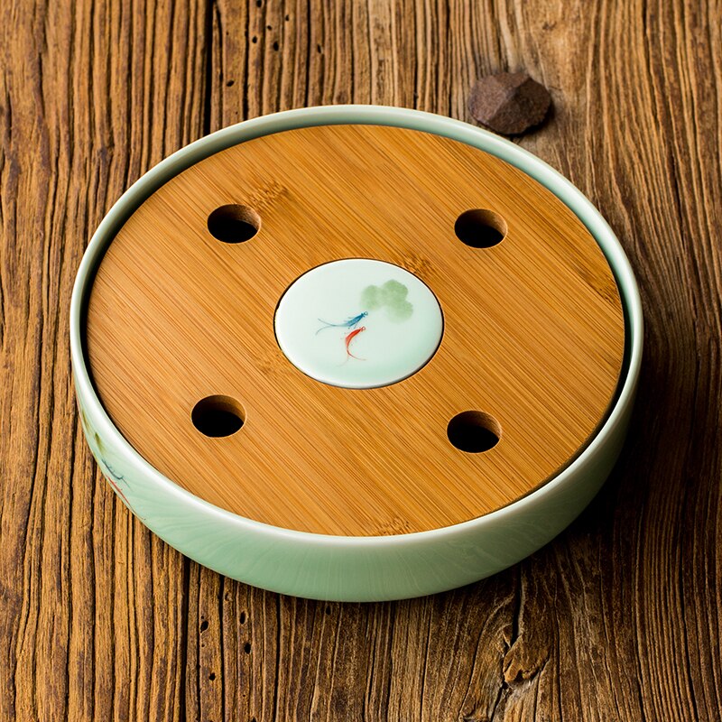 Fiori di loto Longquan celadon a mano modello verniciato Rotonda mini-vassoio da tè in ceramica di bambù acqua di stoccaggio di acqua di superficie