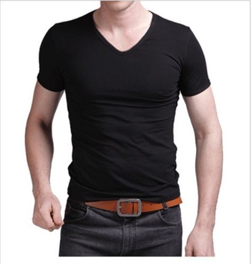 Sommer t-shirt i bomuld til mænd afslappet kortærmet t-shirt med v-udskæring sort hvid plus størrelse m-xl toppe med v-udskæring t-shirt slim fit: Sort / M