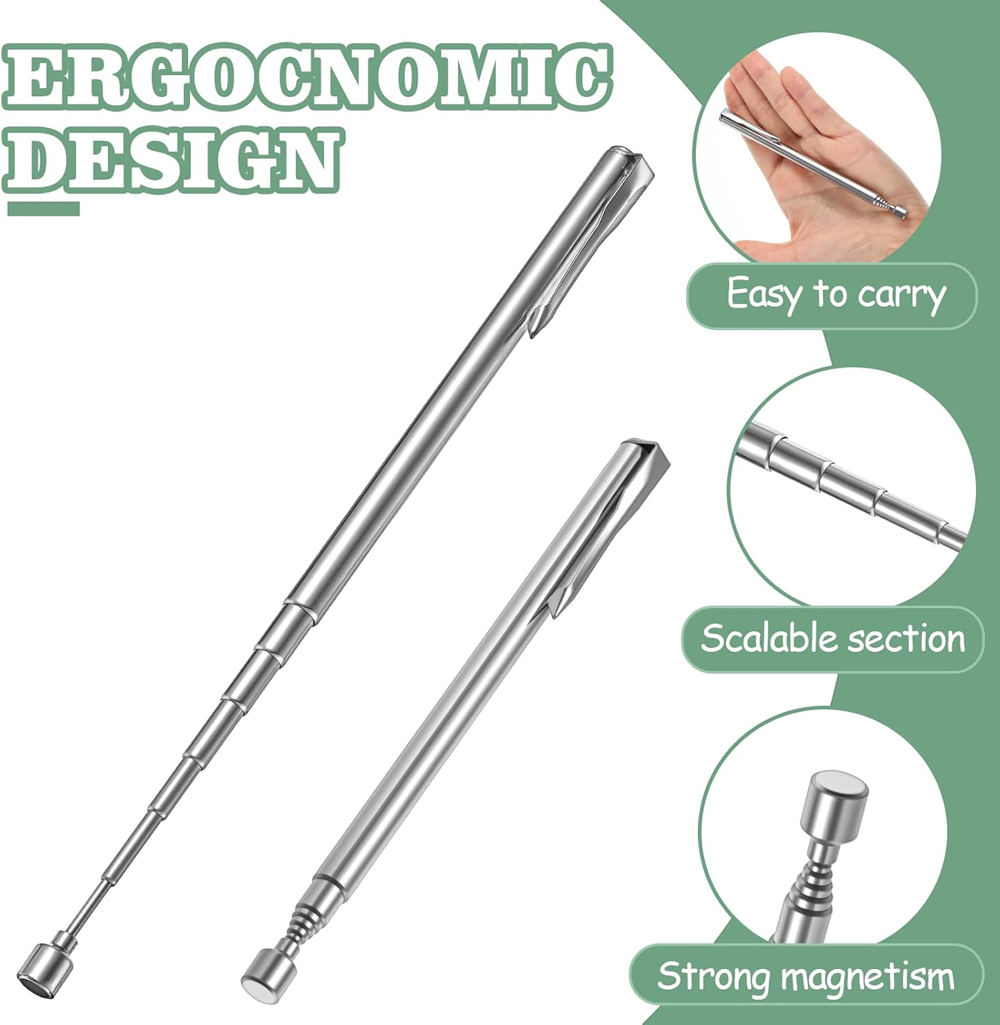 Draagbare magnetische pick-up Telescopisch draaibaar Zilver Magnetische pick-up staaf met intrekbare penclip Magneet Zuigstaaf Handgereedschap