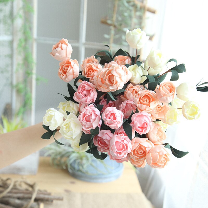 41cm 6 Heads PE Roses Flower Branch DIY Bridal Wreath Wedding Bouquet Home Garden Decoration Flower Arranging Accessories Flores