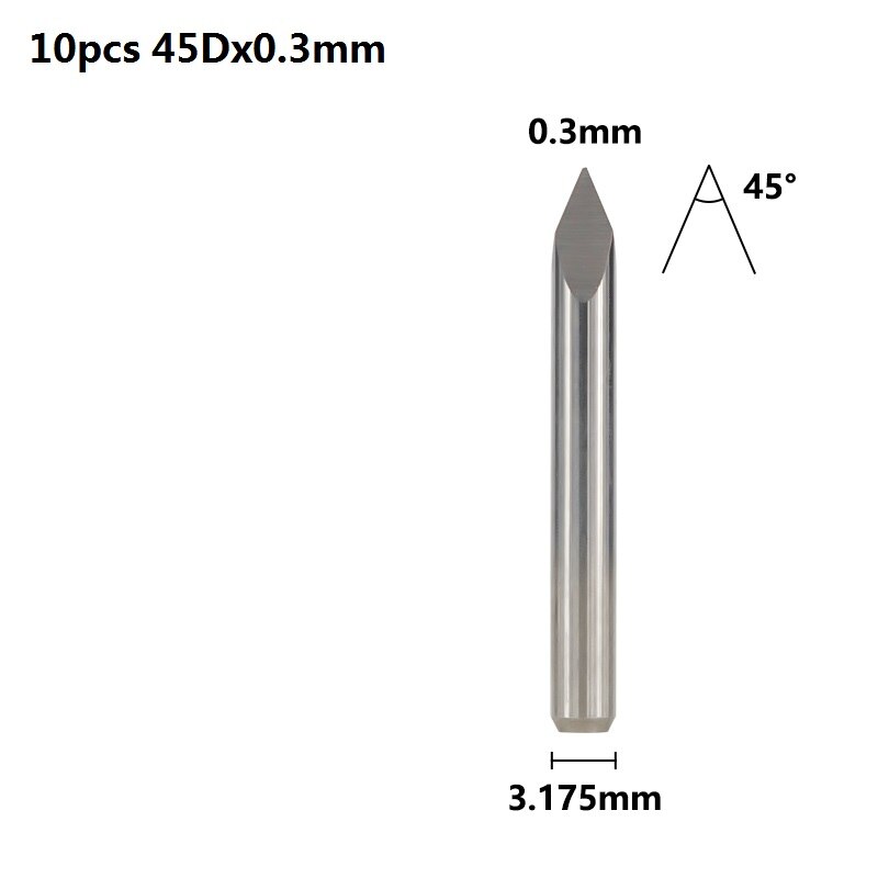 Xcan 3 Rand Piramide Graveren Bits 10 Stuks 20/30/40/45/60/90 Graden Tip 0.1-0.3Mm 3.175Mm Shank Cnc 3D Frees: 10pcs 45Dx0.3mm