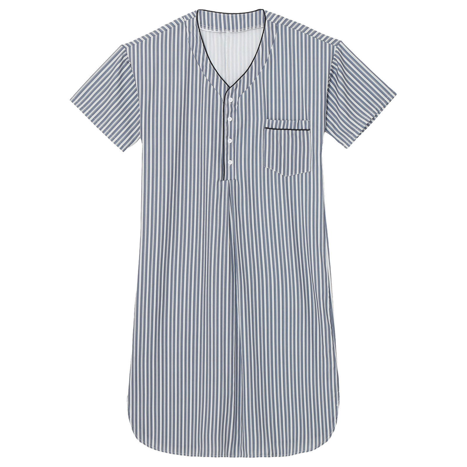 Mens Kaftan Jubba Thobe Muslim Striped Sleep Dress Pajamas Loungewear Sissy Nightwear Buttoned V Neck Split Hem Pullover Robe