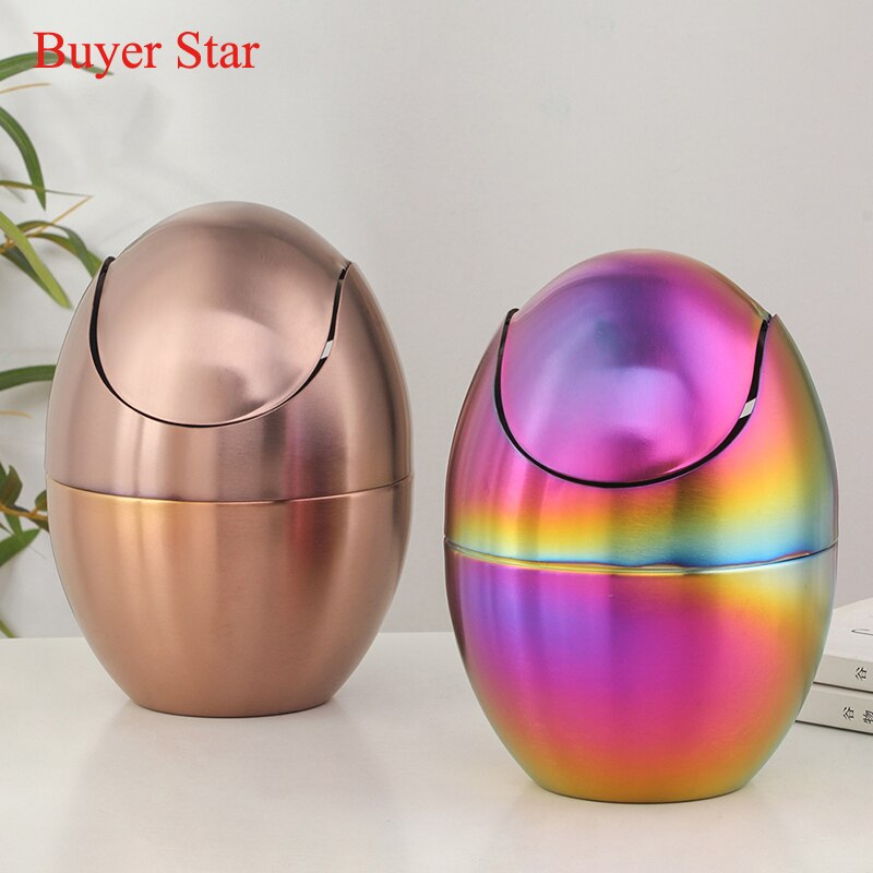 Gold Mini Metalen Afvalbak Desktop Vuilnis Mand Ei-Vormige Rvs Prullenbak Met Verwijderbare Swing Deksel Vuilnisbak mand