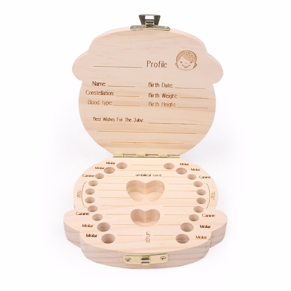 Spaans Engels Russisch Frans Griekse Hout Melktand Box Organizer Melk Tanden Opslag Verzamelen Tanden Umbilica Besparen Baby Keepsake